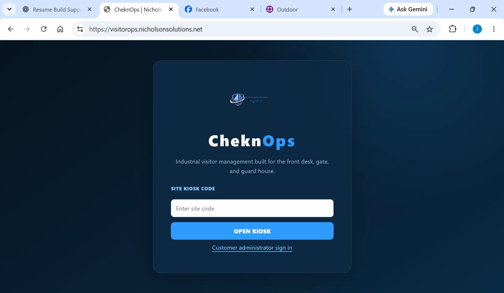 CheknOps site kiosk code screen with customer administrator sign-in