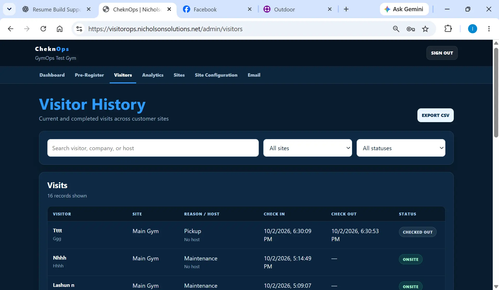CheknOps visitor history with search, site, and status filters