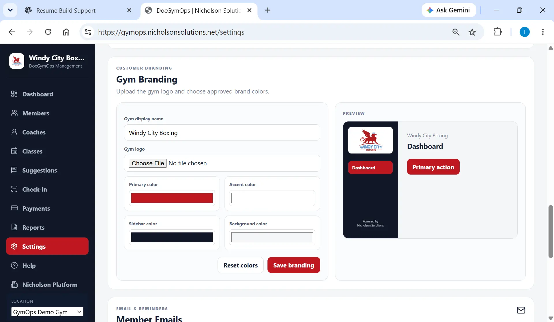 DocGymOps gym logo and color settings with a live preview