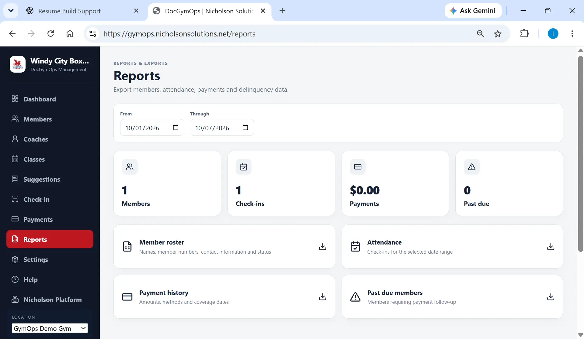 DocGymOps reports with attendance, member, payment, and past-due summaries