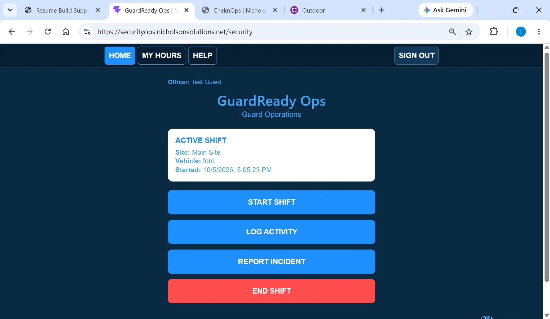 GuardReady Ops field screen with shift and activity actions