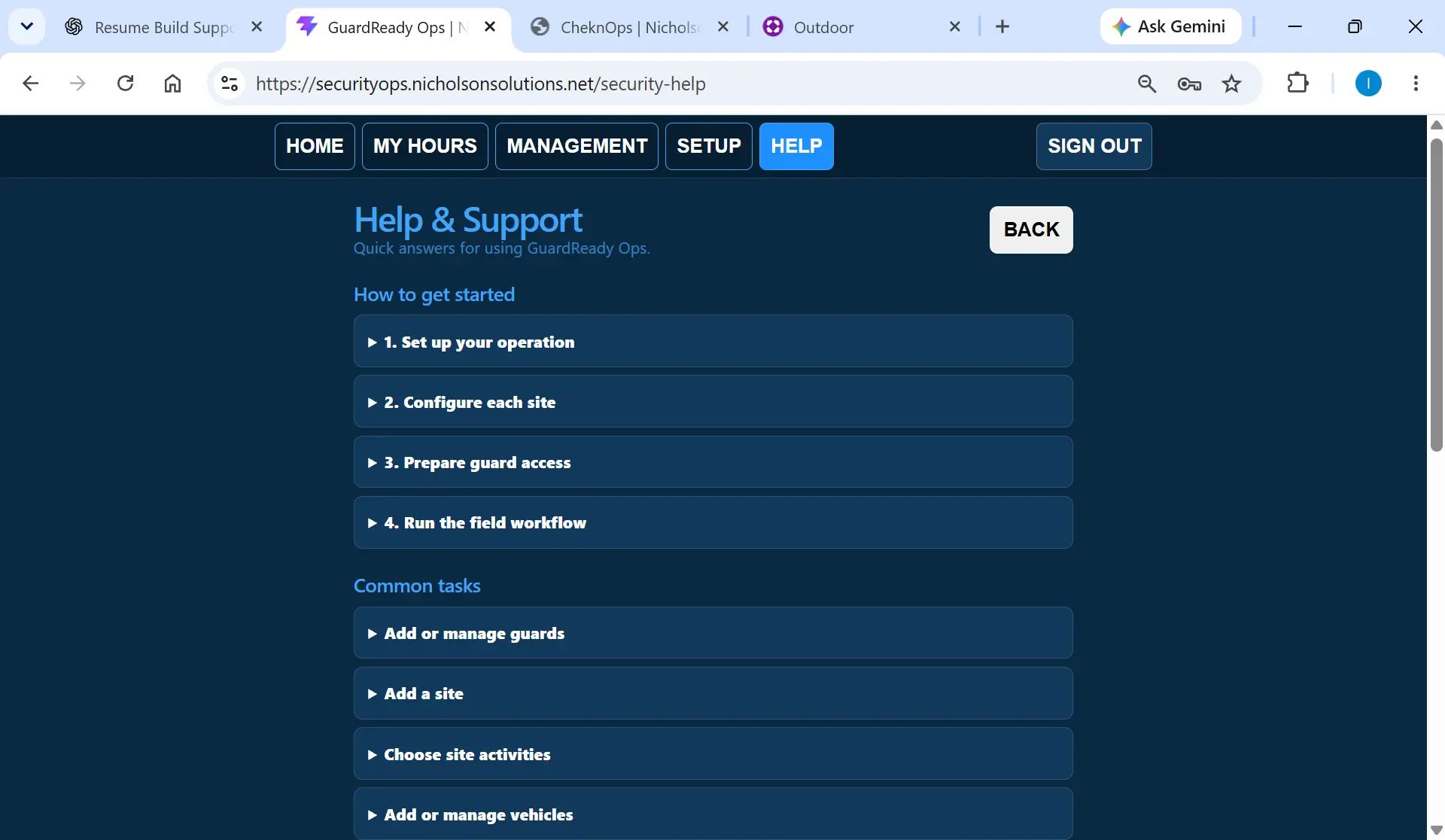 GuardReady Ops help topics for setup, field workflow, and common tasks