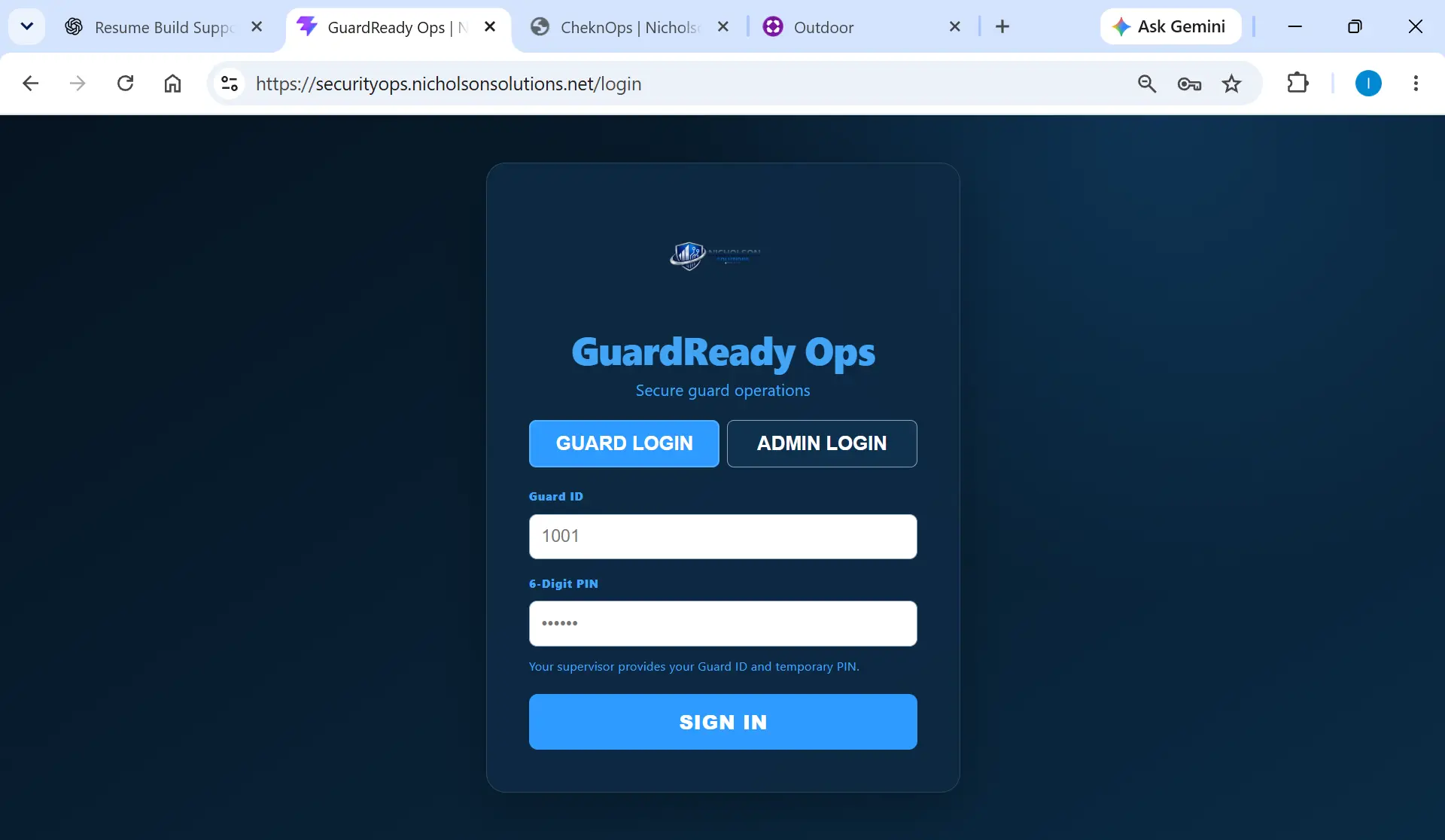 GuardReady Ops sign-in with guard and administrator choices